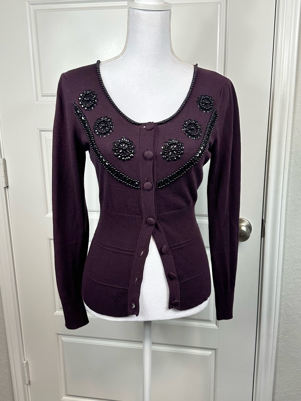 Vintage Y2K Sara I. Dark Purple Black Beaded Embellished Knit Cotton Cadigan S